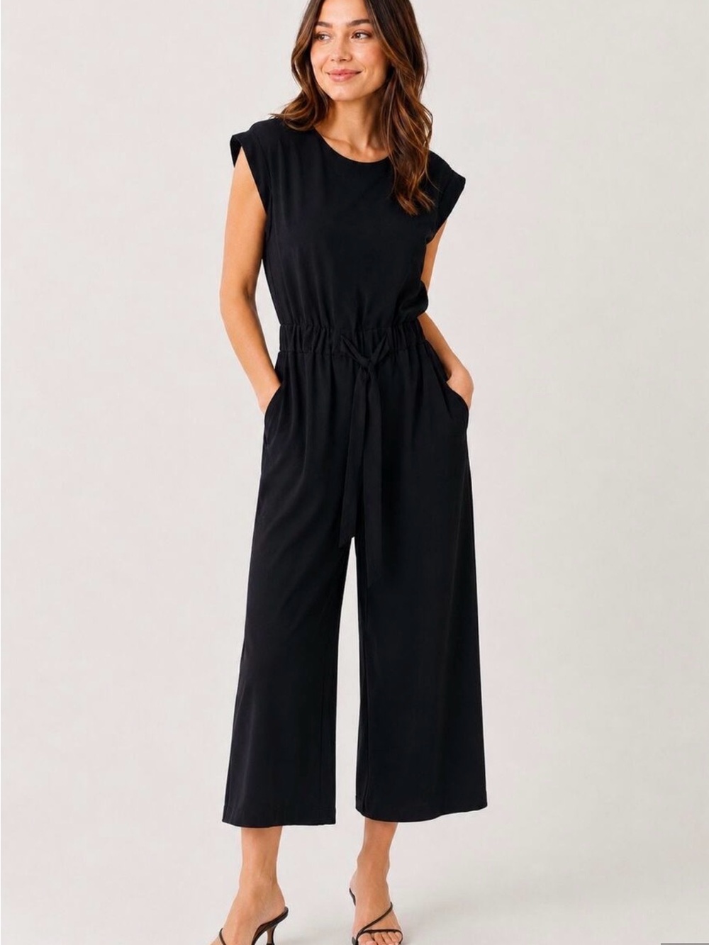 Calvin Klein Black Sleeveless Wide-Leg Drawstring Jumpsuit
